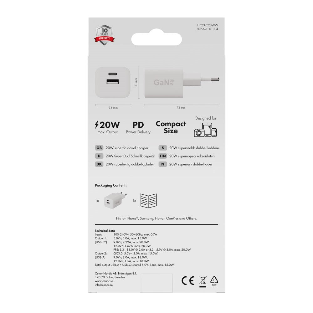 X2O 20W Vægoplader m. 1x USB-A & 1x USB-C - Hvid