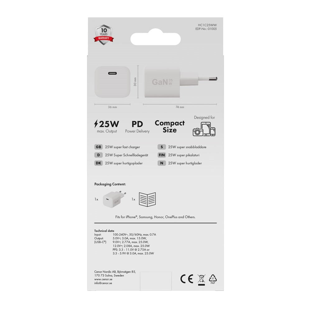 X2O 25W Vægoplader m. 1x USB-C - Hvid