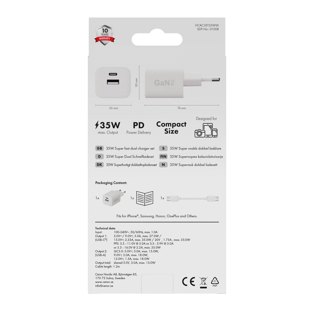 X2O 35W Vægoplader m. 1x USB-A / 1x USB-C / 1x USB-C Kabel - 1.2m - Hvid