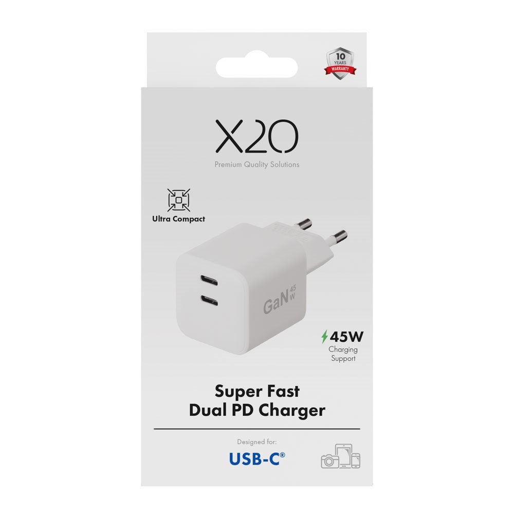 X2O 45W GaN Vægoplader m. 2x USB-C - Hvid