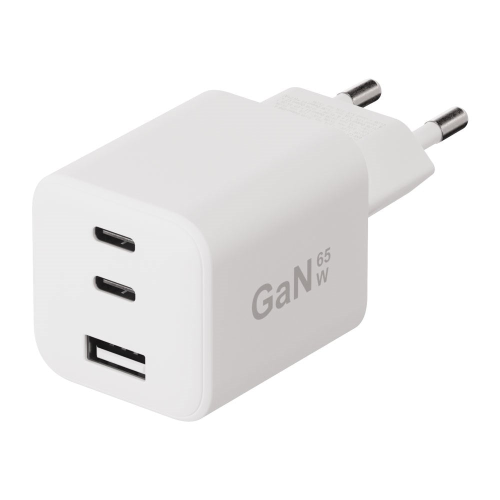 X2O 65W GaN Vægoplader m. 2x USB-C & 1x USB-A - Hvid