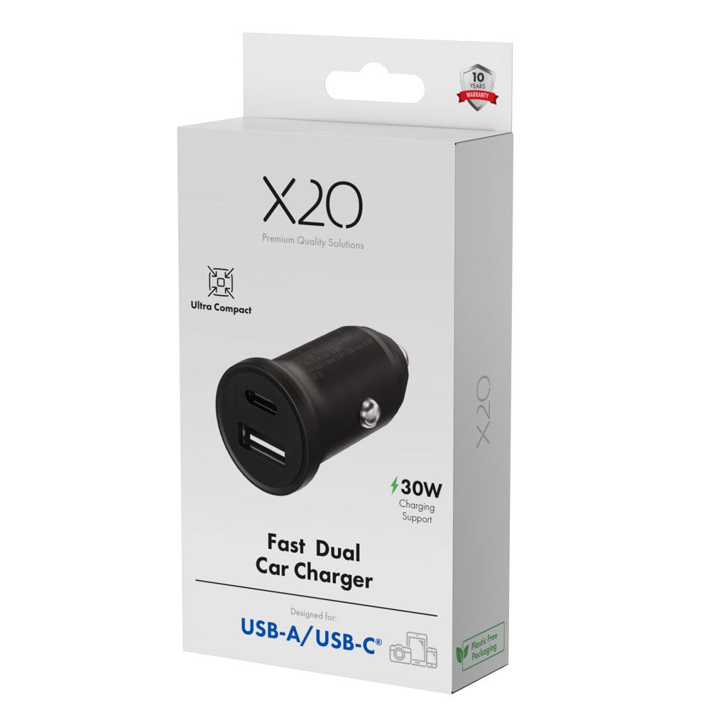 X2O 30W Dobbelt Biloplader USB-A & USB-C - Sort
