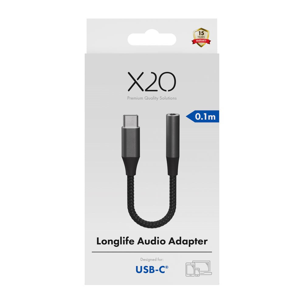 X2O Longlife USB-C til 3.5mm AUX Lyd Adapter - 0.1m - Sort