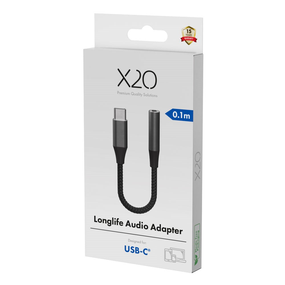 X2O Longlife USB-C til 3.5mm AUX Lyd Adapter - 0.1m - Sort