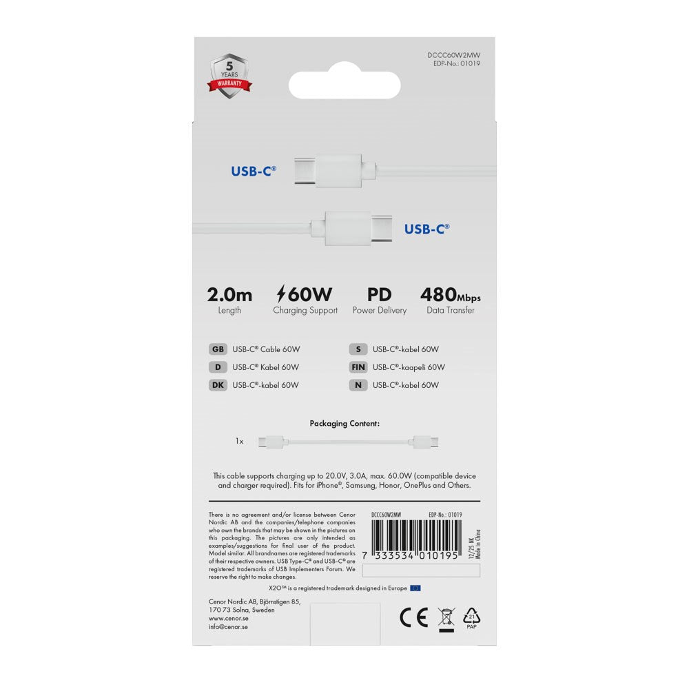 X2O Basic 60W USB-C til USB-C Kabel - 2m - Hvid