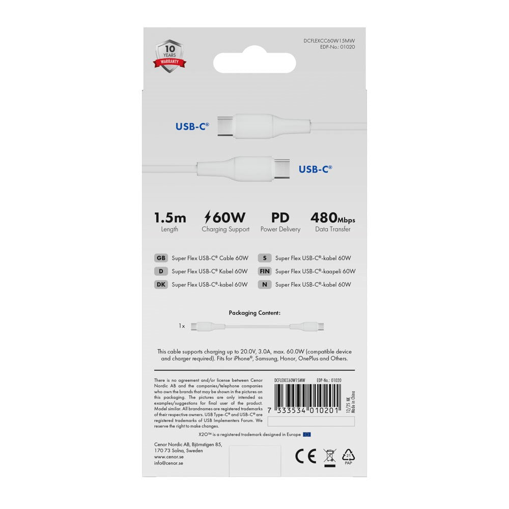 X2O Superflex 60W USB-C til USB-C Kabel - 1.5m - Hvid