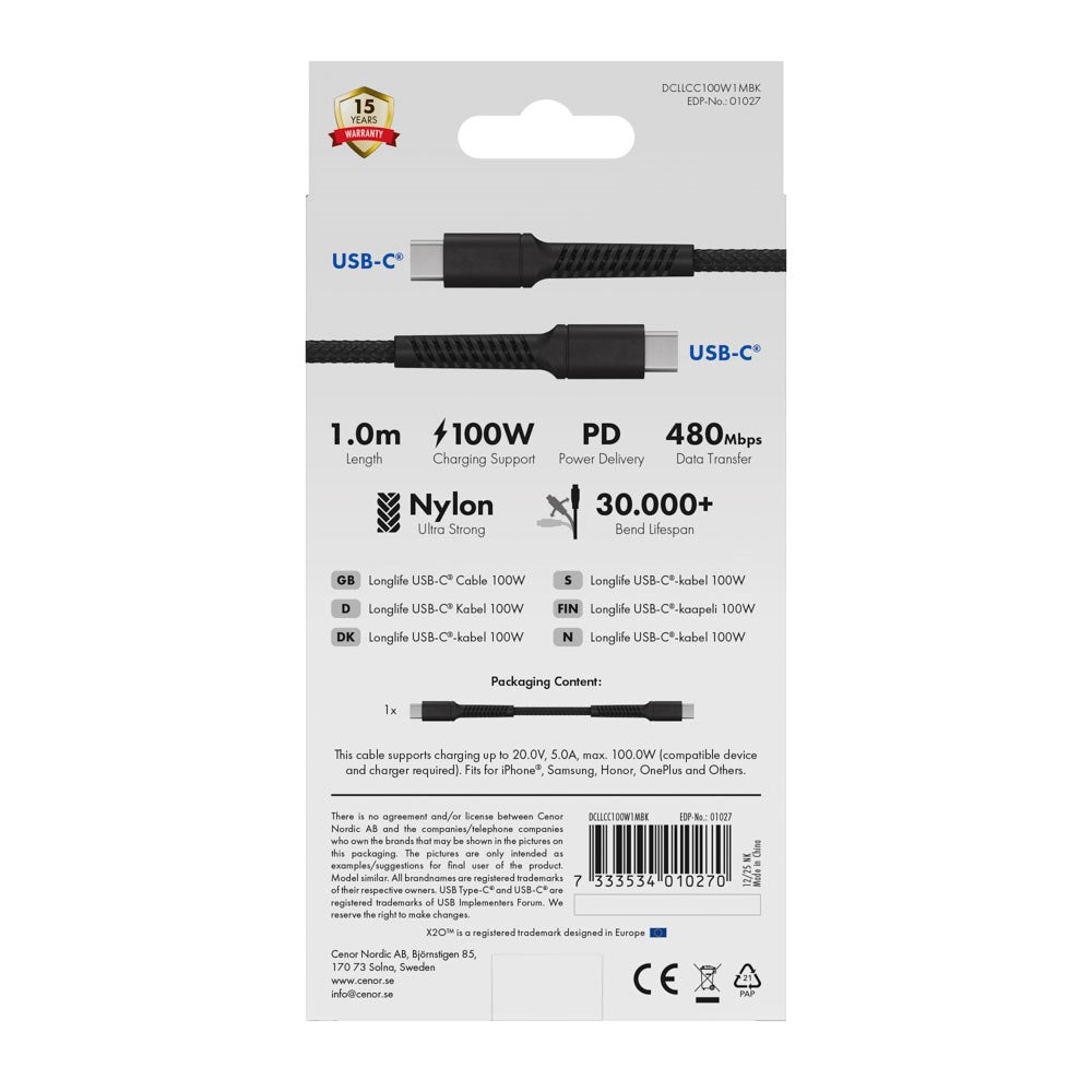 X2O Longlife 100W USB-C til USB-C Kabel - 1m - Sort