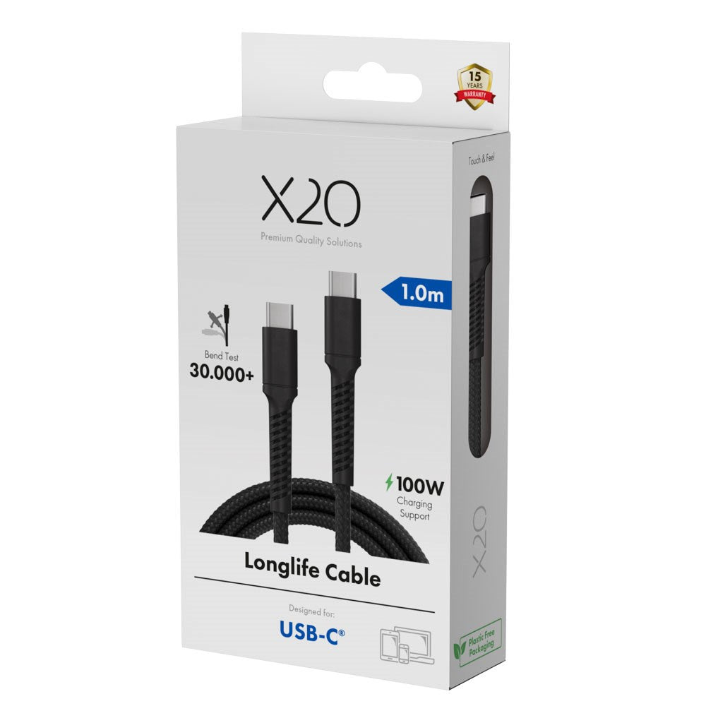 X2O Longlife 100W USB-C til USB-C Kabel - 1m - Sort