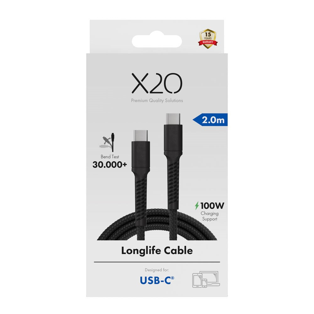X2O Longlife 100W USB-C til USB-C Kabel - 2m - Sort