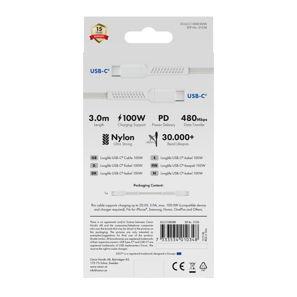 X2O Longlife 100W USB-C til USB-C Kabel - 3m - Hvid