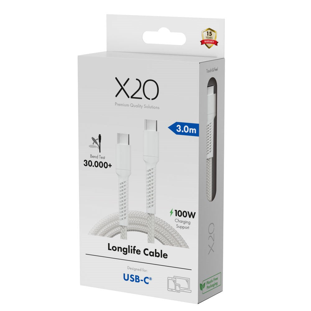 X2O Longlife 100W USB-C til USB-C Kabel - 3m - Hvid