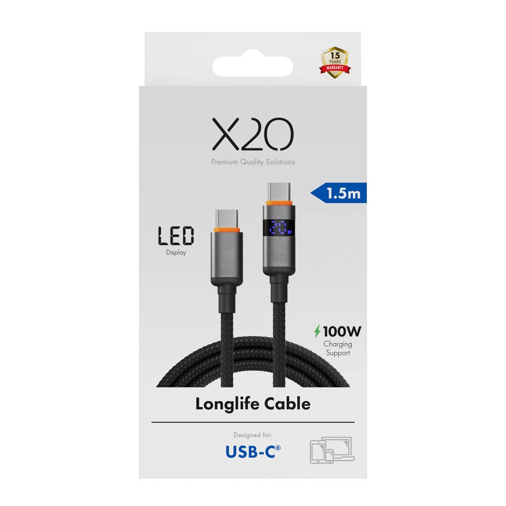 X2O Longlife 100W USB-C til USB-C Kabel m. LED Display - 1.5m - Sort