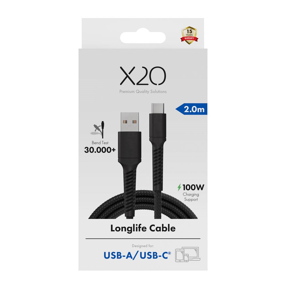 X2O Longlife 60W USB-A til USB-C Kabel - 2m - Sort