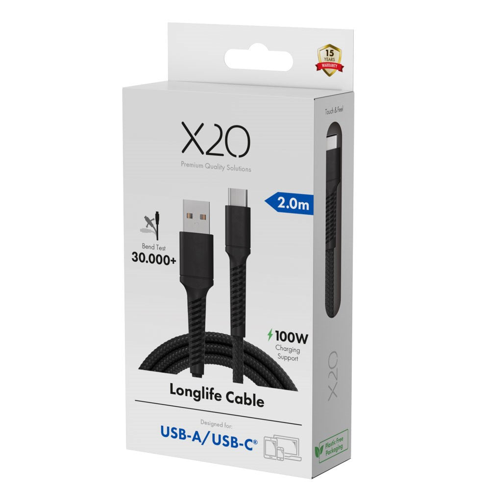 X2O Longlife 60W USB-A til USB-C Kabel - 2m - Sort
