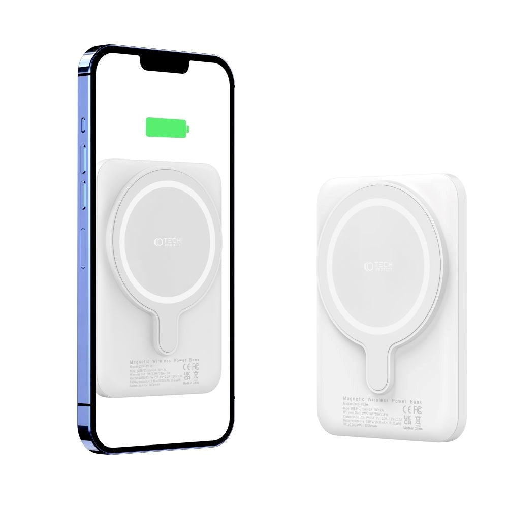 Tech-Protect Trådløs & Magnetisk Powerbank 5000 mAh - MagSafe Kompatibel - Hvid