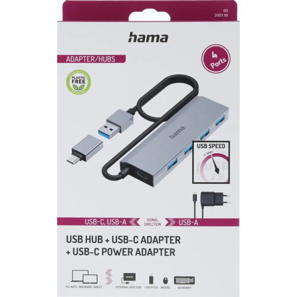 HAMA USB-A Hub m. USB-C Adapter - Grå