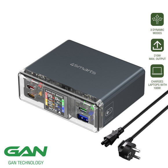 4smarts Lucid GaN DIY Mode Bordoplader - 210W / 3x USB-C & 1x USB-A - Grå