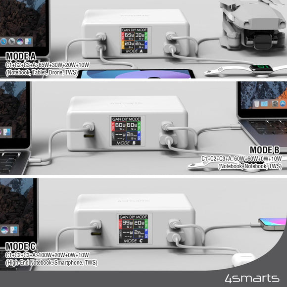 4smarts GaN DIY Mode Bordoplader - 130W / 3x USB-C & 1x USB-A - Hvid