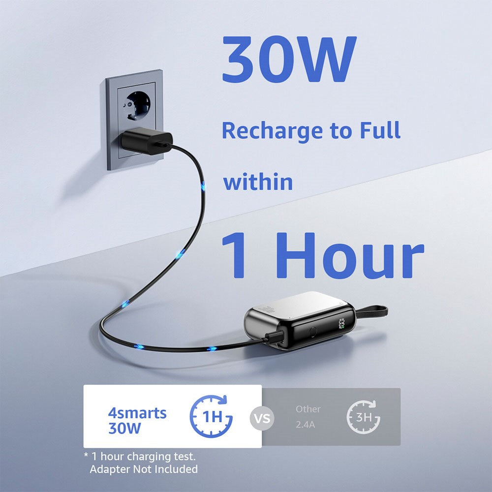 4smarts 10.000mAh Pocket Powerbank m. Integreret USB-C Kabel 30W - Sølv