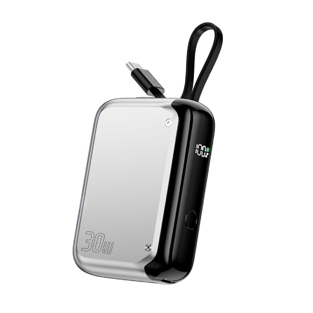 4smarts 10.000mAh Pocket Powerbank m. Integreret USB-C Kabel 30W - Sølv