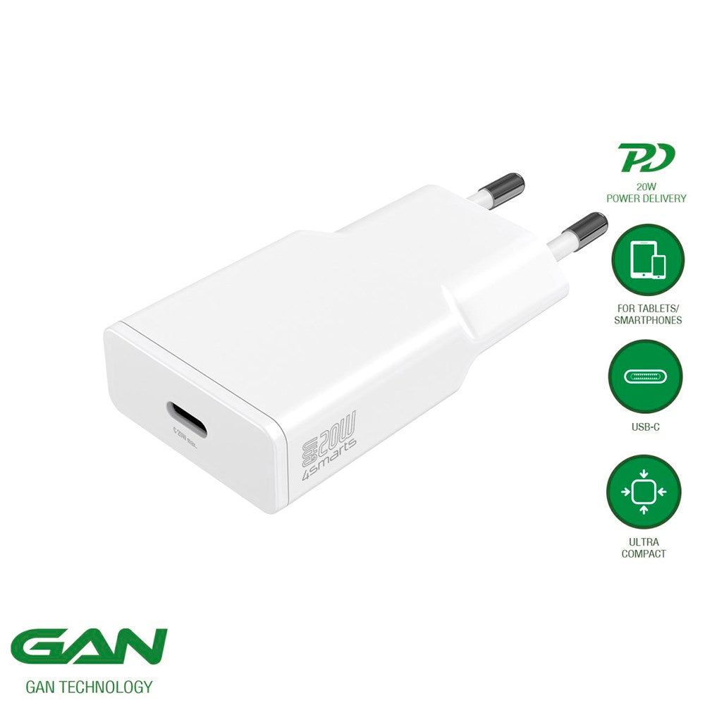 4Smarts PD Slim 20W Vægoplader GaN m. USB-C - Hvid