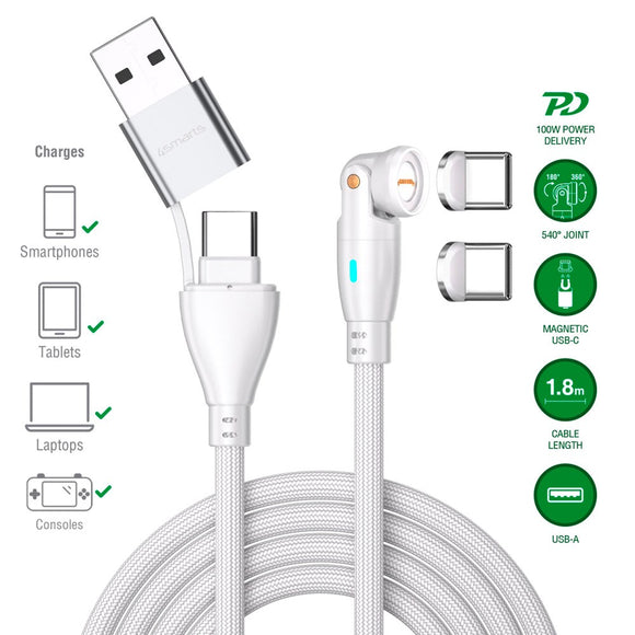 4smarts GravityCord Magnetisk Kabel m. USB-C/A - 100W - 1.8m - Hvid