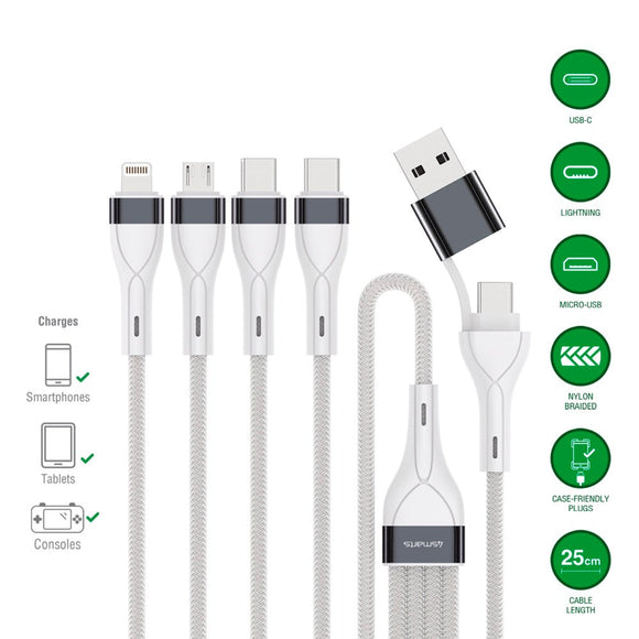 4smarts 4-i-2 Multiopladningskabel - USB-C / USB-A / Lightning / Micro USB - 25cm - Hvid