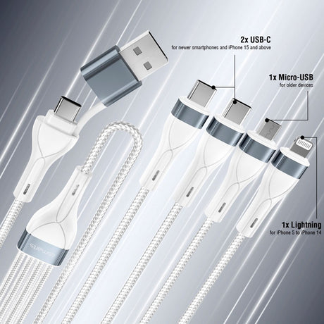 4smarts 4-i-2 Multiopladningskabel - USB-C / USB-A / Lightning / Micro USB - 25cm - Hvid