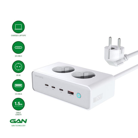 4smarts 6-i-1 Bordoplader - 65W - 2x AC-stik / 3x USB-C / 1x USB-A - Hvid