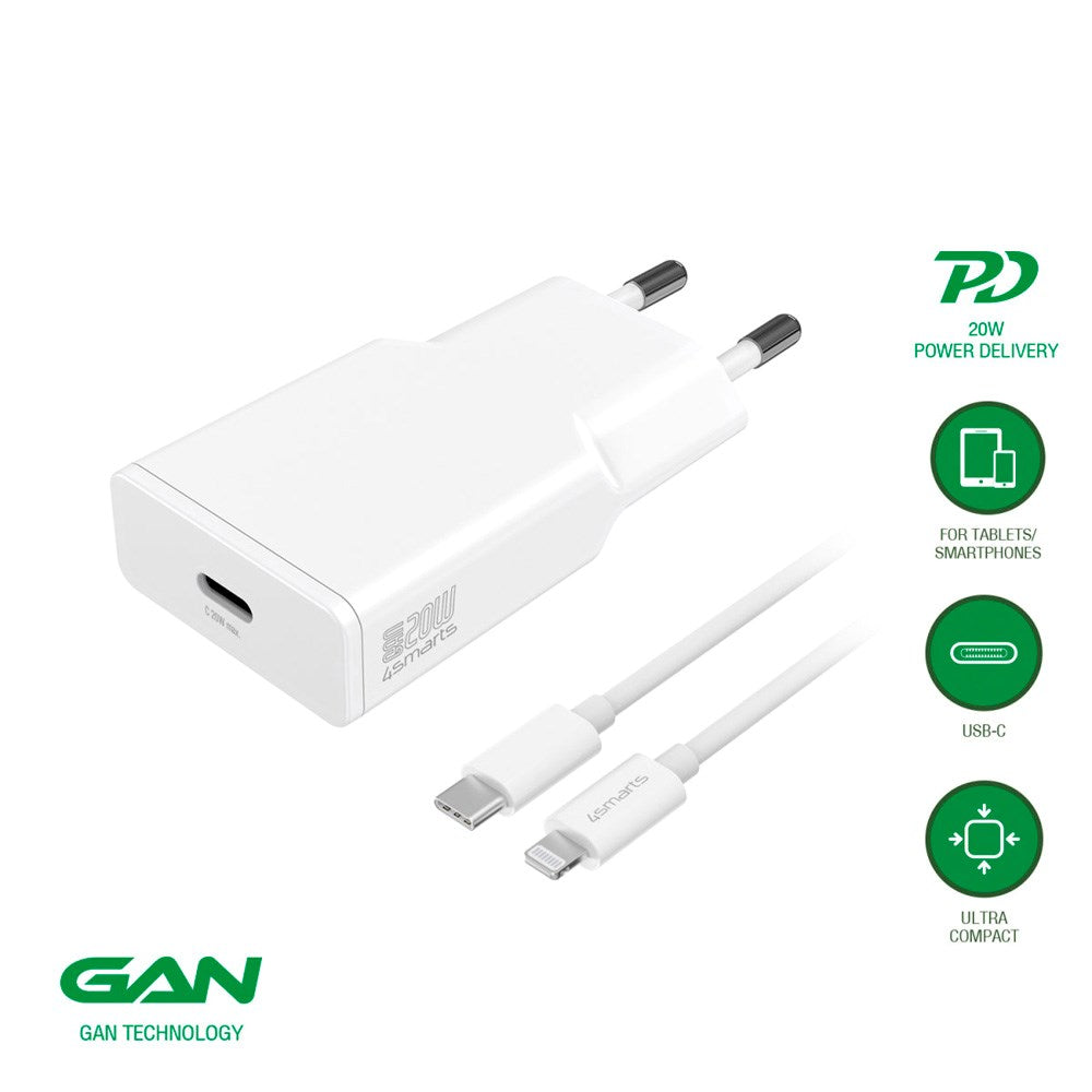 4smarts - Vægoplader USB-C til Lightning Kabel - 20W / 1.5m - Hvid