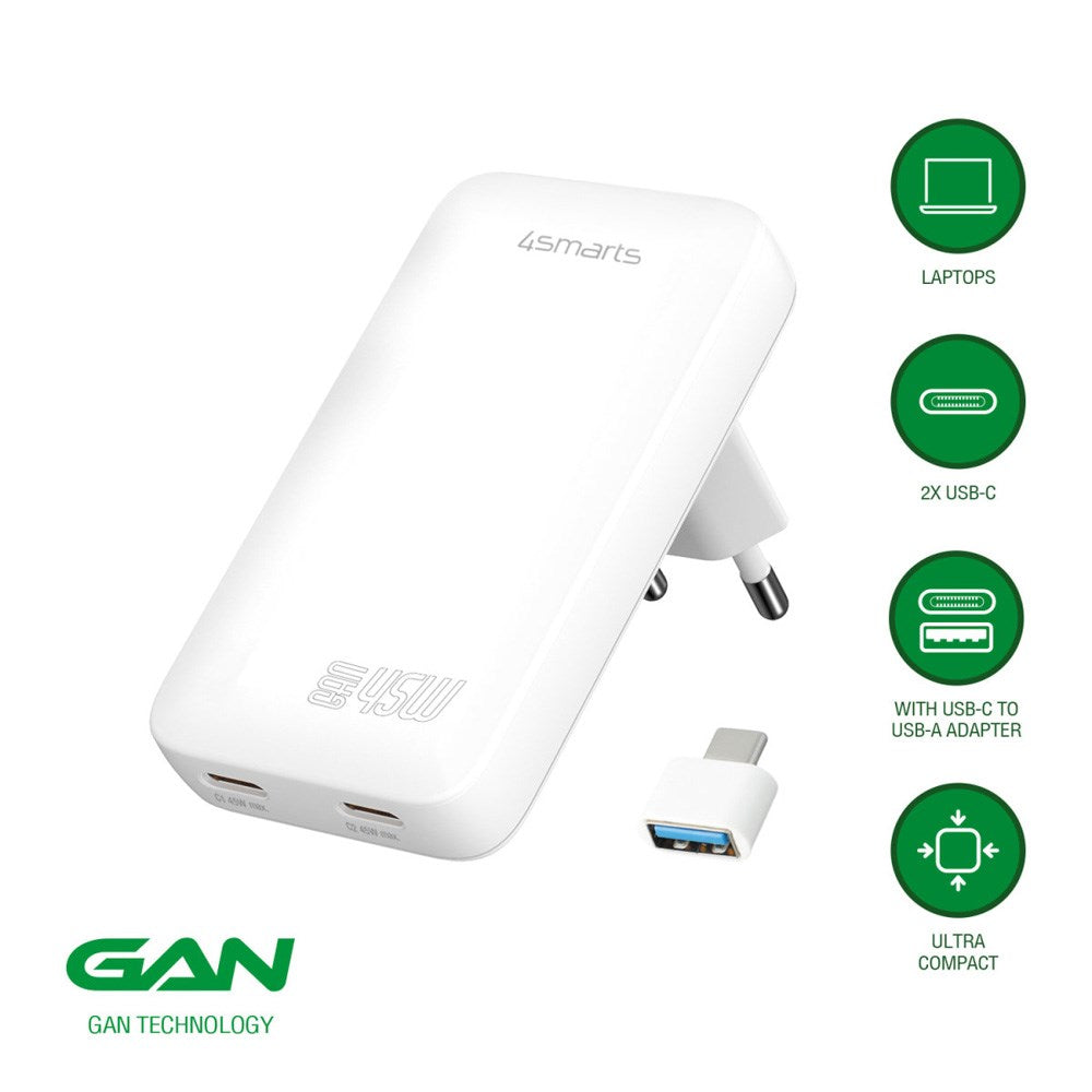 4smarts FlatPlug Slim Dual Vægoplader - 45W / 2x USB-C - Hvid