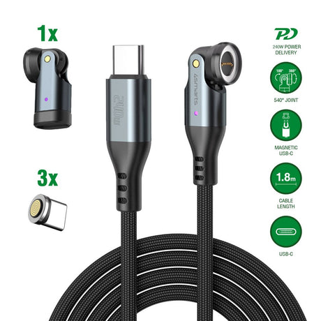 4smarts GravityCord Magnetisk Kabel m. USB-C - 240W - 1.8m - Sort