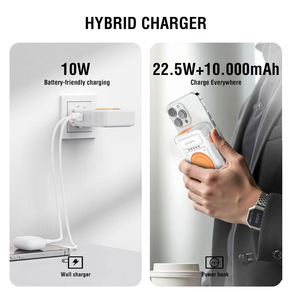 4smarts 6-i-1 10.000mAh Hybrid Powerbank / Trådløs Oplader / Rejseadapter - Hvid / Orange