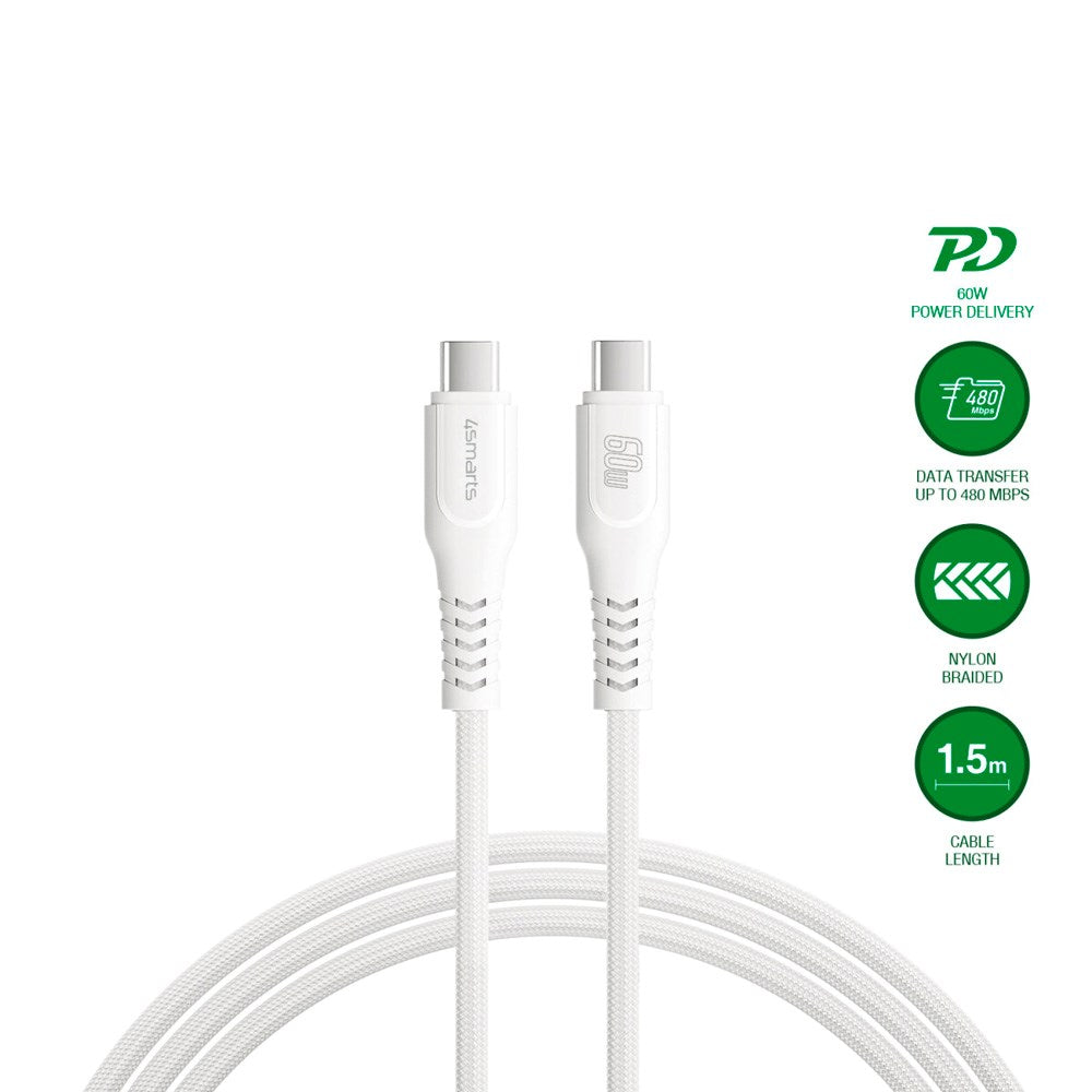 4smarts PremiumCord USB-C til USB-C Kabel 60W - 1.5 m - Hvid