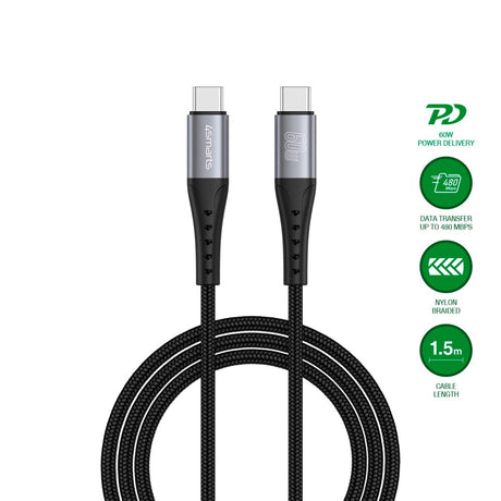 4smarts PrimeCord USB-C til USB-C Kabel 60W - 1.5 m - Sort