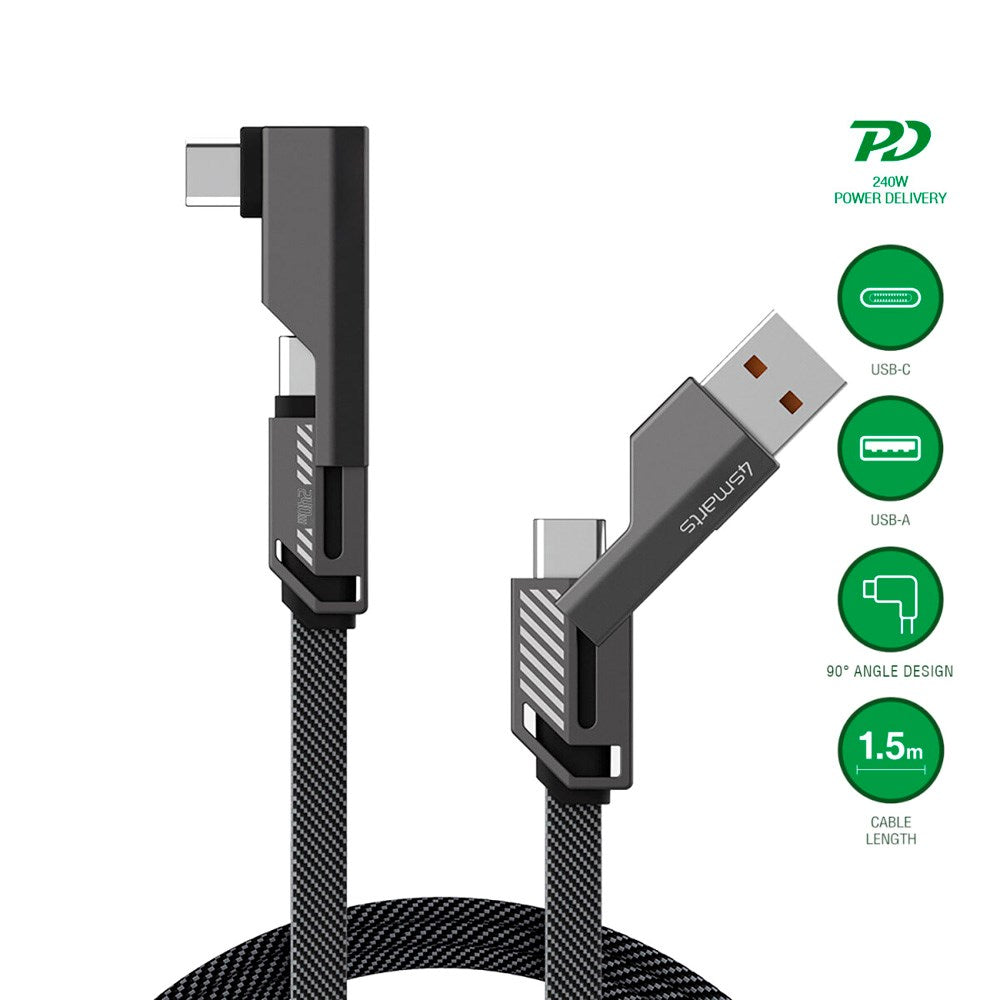 4smarts ComboCord 2-i-1 Retvinklet Kabel 240W - 1.5m - Grå