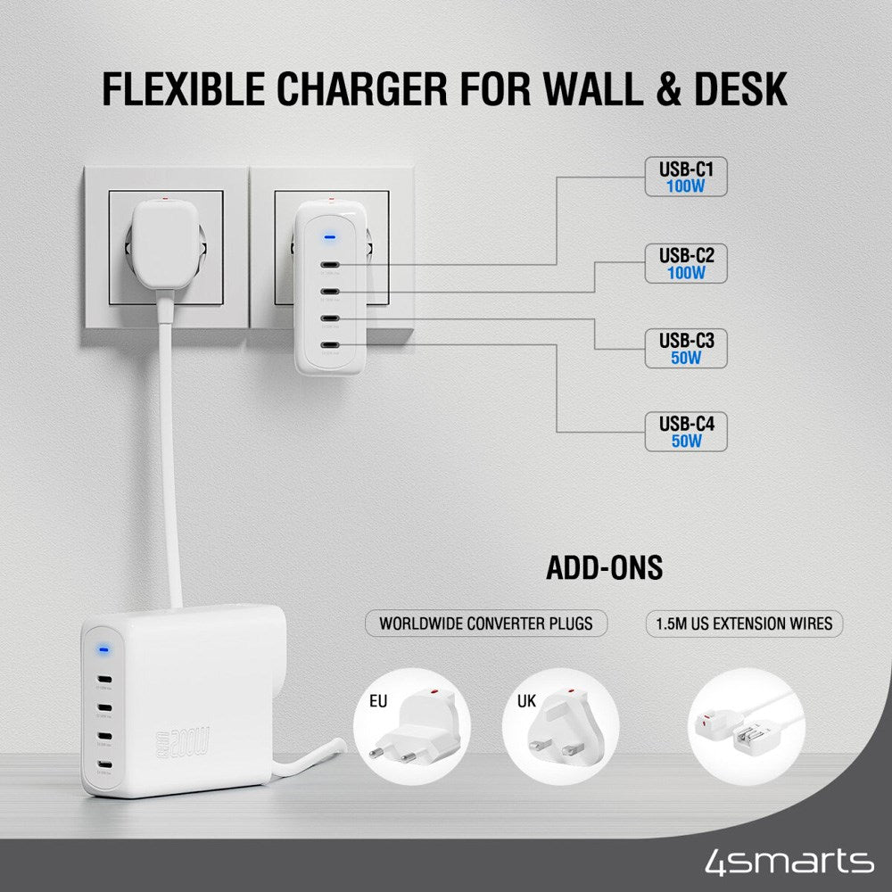 4smarts GaN Flex Pro Rejseoplader 200W - 4x USB-C - Hvid