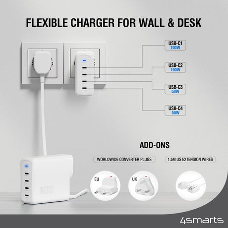 4smarts GaN Flex Pro Rejseoplader 200W - 4x USB-C - Hvid