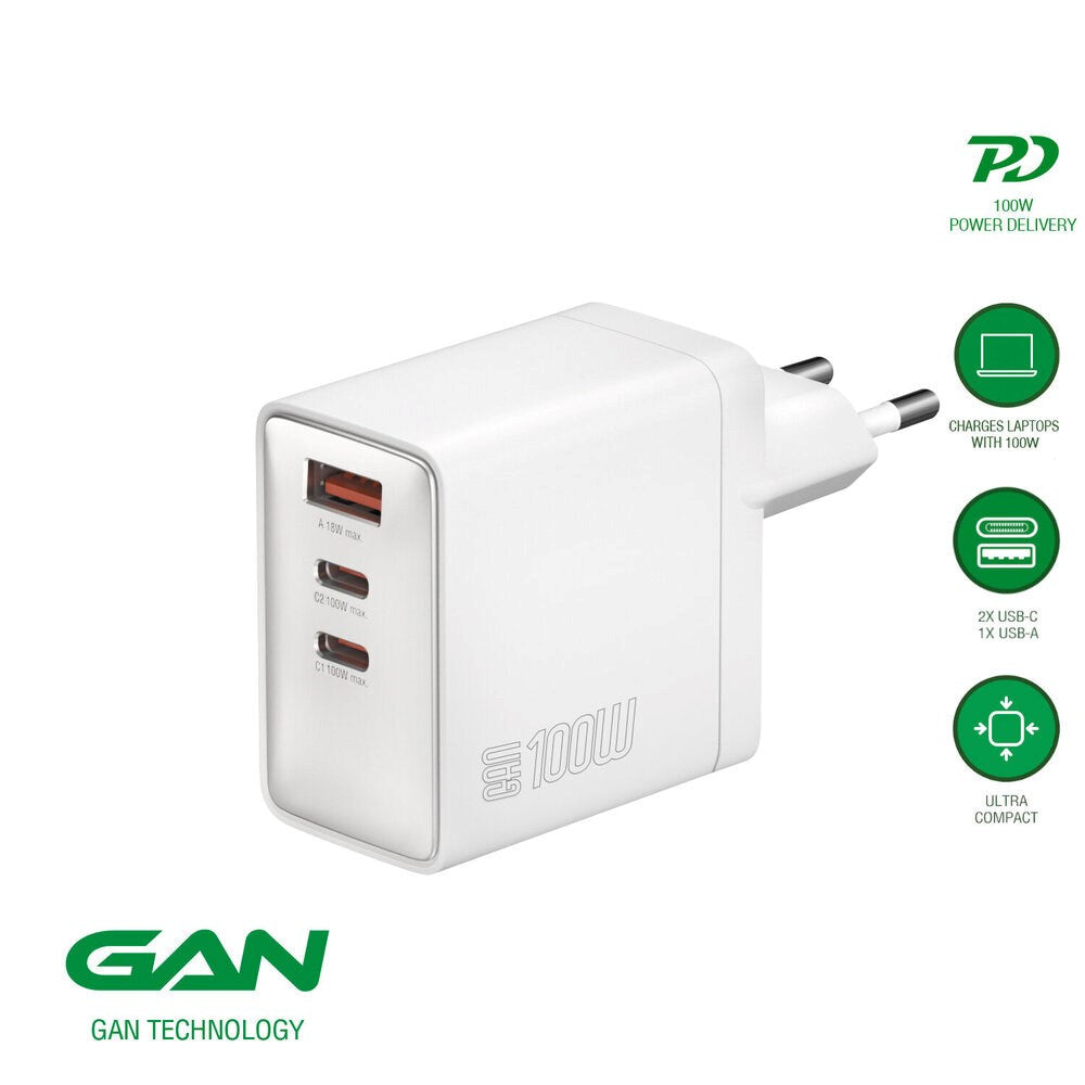 4smarts 100W Vægoplader m. 1x USB-A & 2x USB-C - Hvid