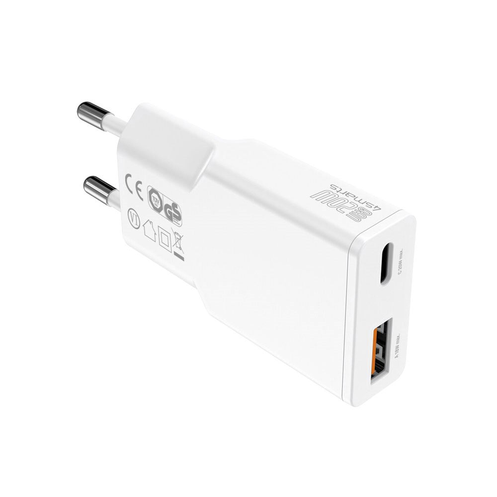 4smarts PDPlug Slim 20W Vægoplader m. 1 x USB-A & 1 x USB-A & Indbygget USB-C Kabel - Hvid