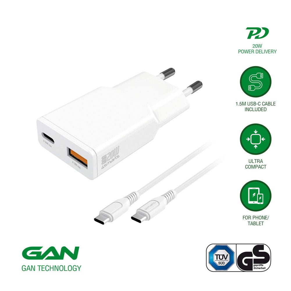 4smarts PDPlug Slim 20W Vægoplader m. 1 x USB-A & 1 x USB-A & Indbygget USB-C Kabel - Hvid