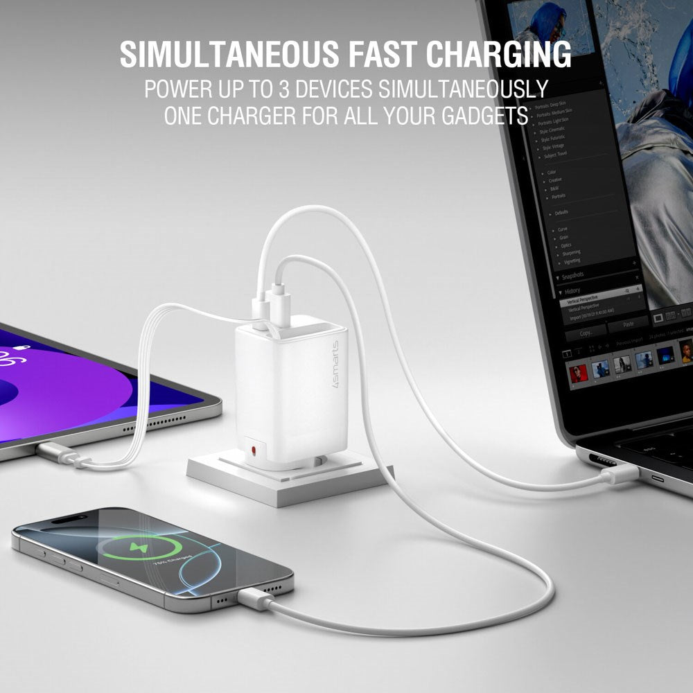 4smarts 65W Flex Jojo Vægoplader m. EU / US Stik - 1 x USB-A - 1 x USB-C - 1 x USB-C Kabel - Hvid