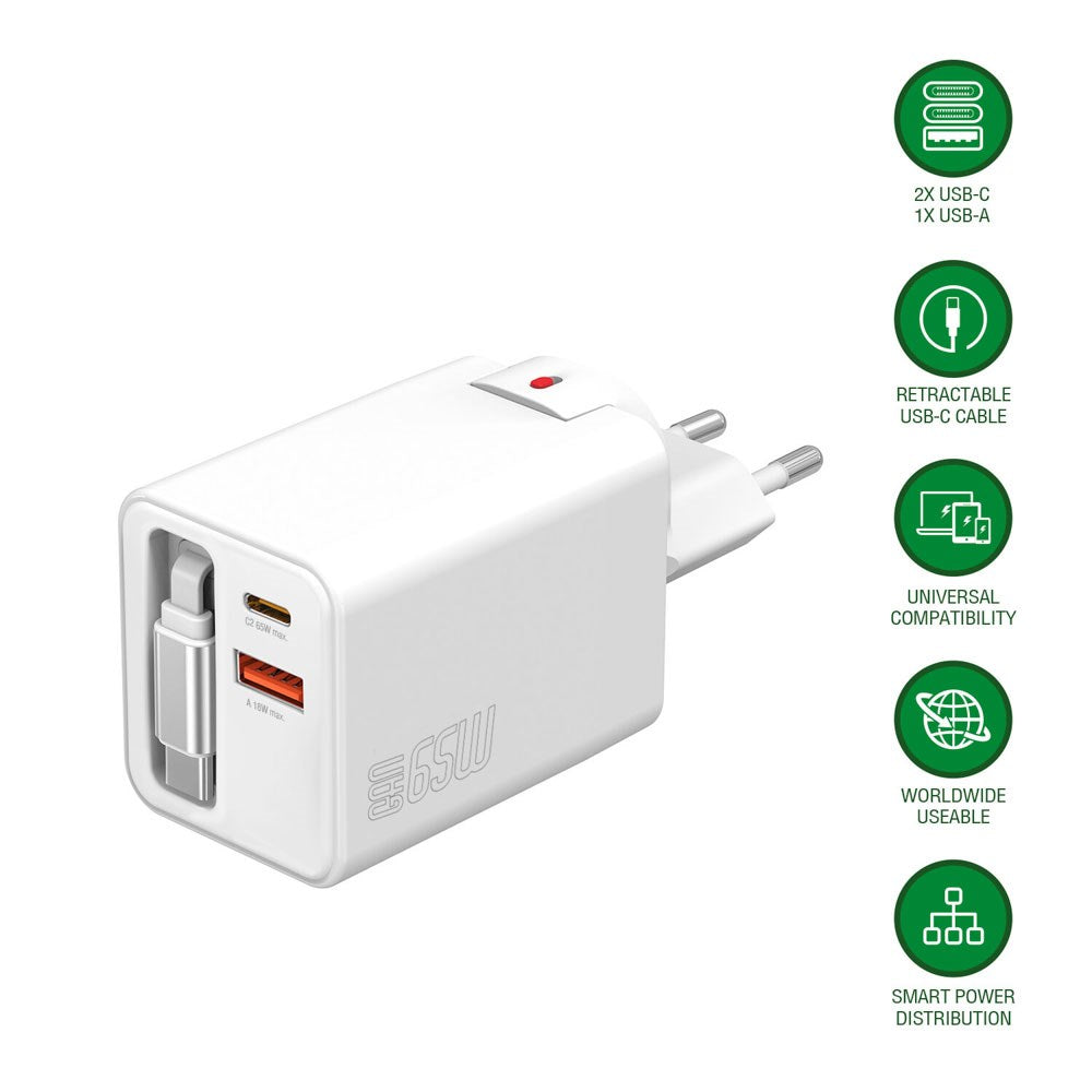 4smarts 65W Flex Jojo Vægoplader m. EU / US Stik - 1 x USB-A - 1 x USB-C - 1 x USB-C Kabel - Hvid
