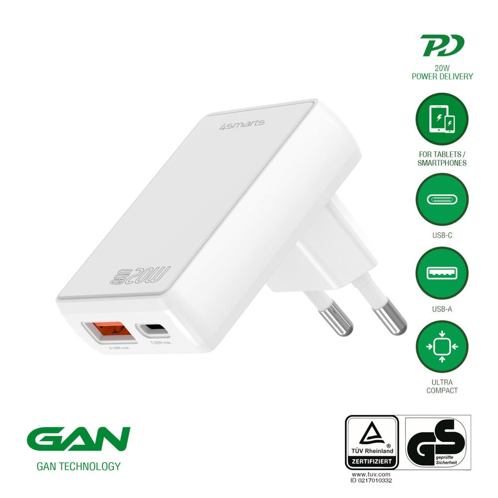 4smarts FlatPlug 20W Vægoplader m. 1 x USB-C 1 x USB-A - Hvid