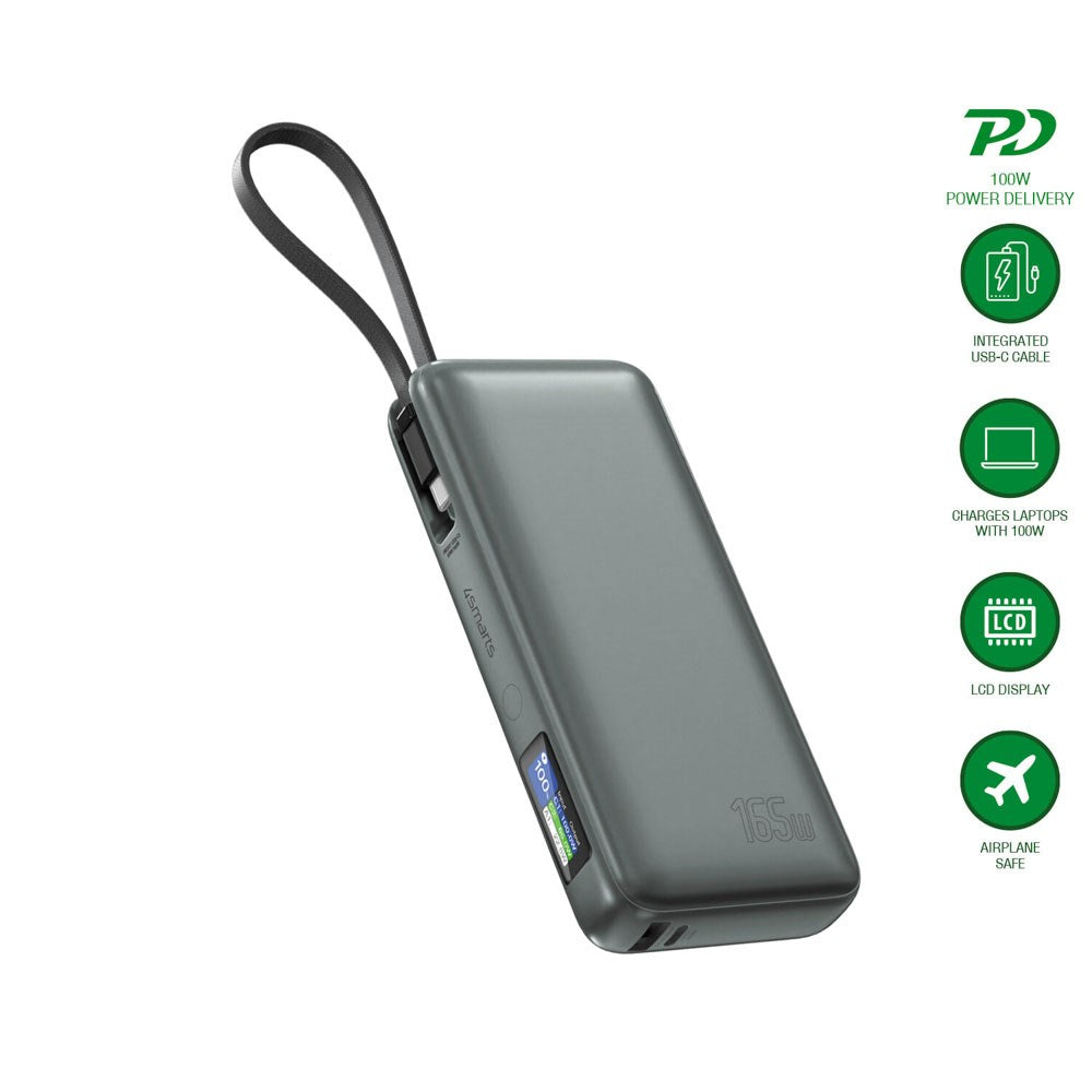 4smarts Enterprise 20.000mAh 165W Powerbank m. Indbygget USB-C Kabel - Grå