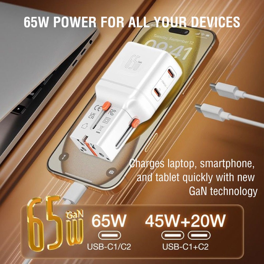 4smarts 65W Rejseadapter til EU/UK/US/AUS m. 2 x USB-C & 1 x USB-A Adapter - Hvid