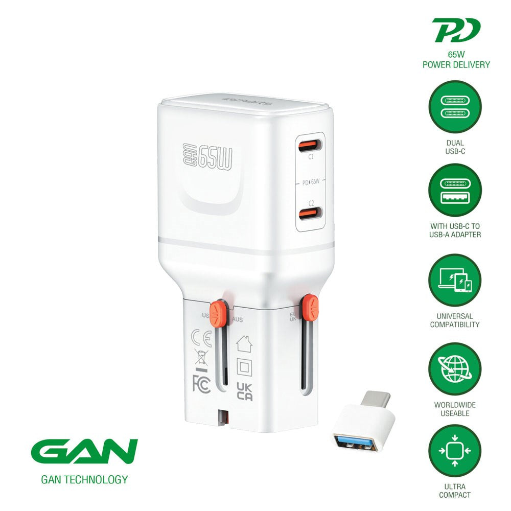 4smarts 65W Rejseadapter til EU/UK/US/AUS m. 2 x USB-C & 1 x USB-A Adapter - Hvid