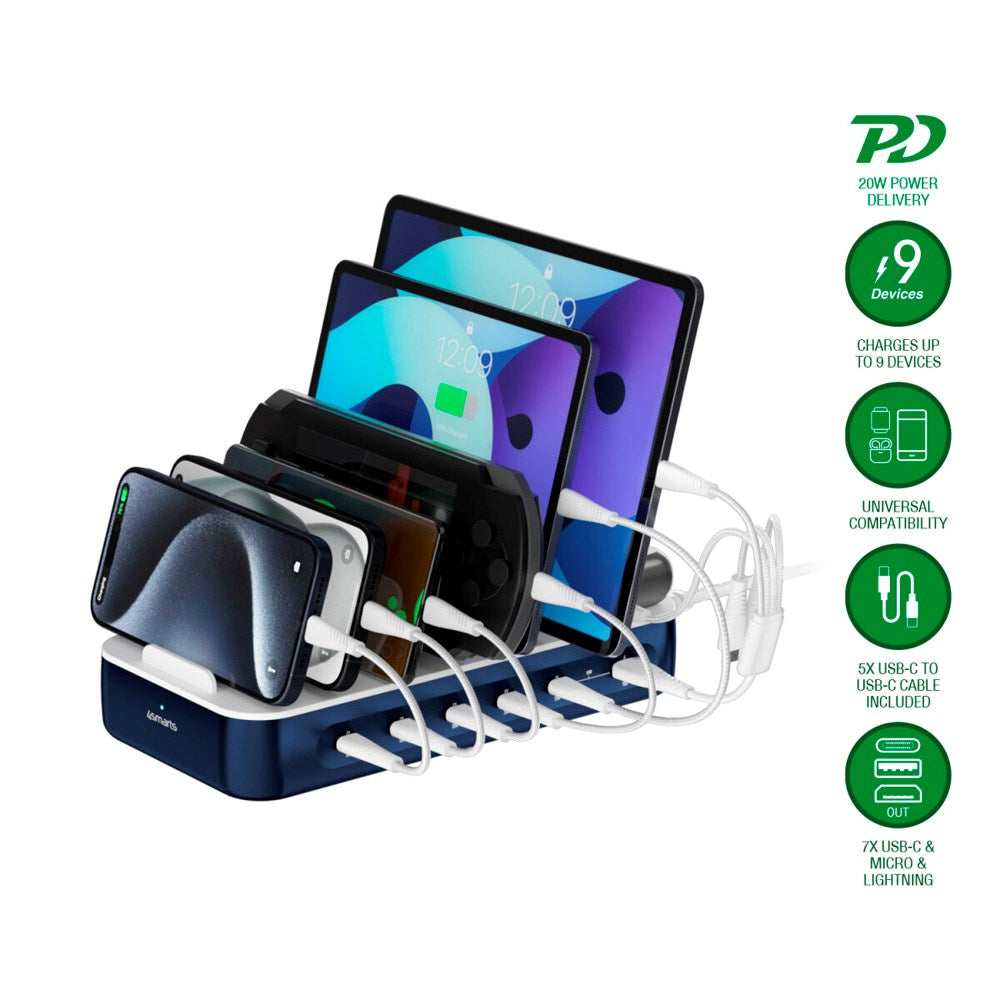 4smarts Ladestation m. 9 Opladningsmuligheder - 5x USB-C Kabel & 1x 4-i-1 Multikabel - 100W - Blå