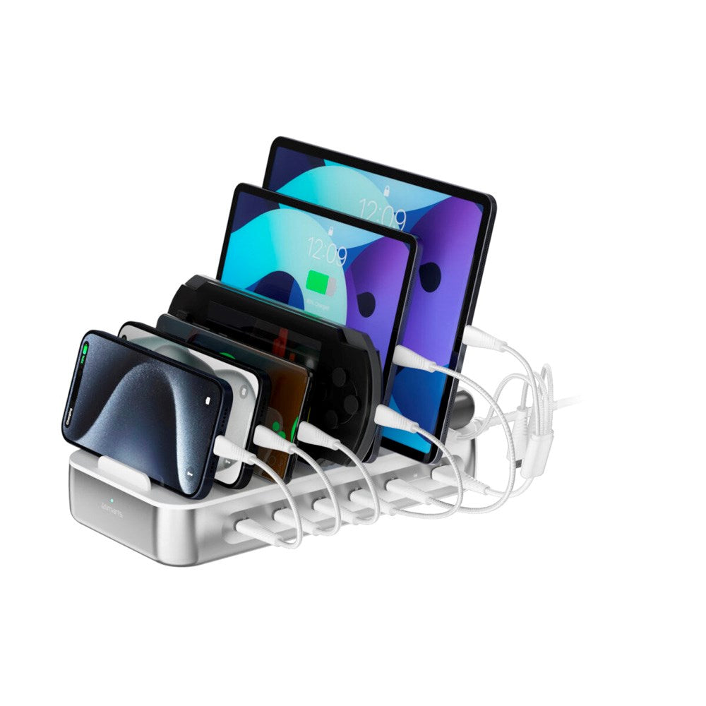 4smarts Ladestation m. 9 Opladningsmuligheder - 5x USB-C Kabel & 1x 4-i-1 Multikabel - 100W - Sølv