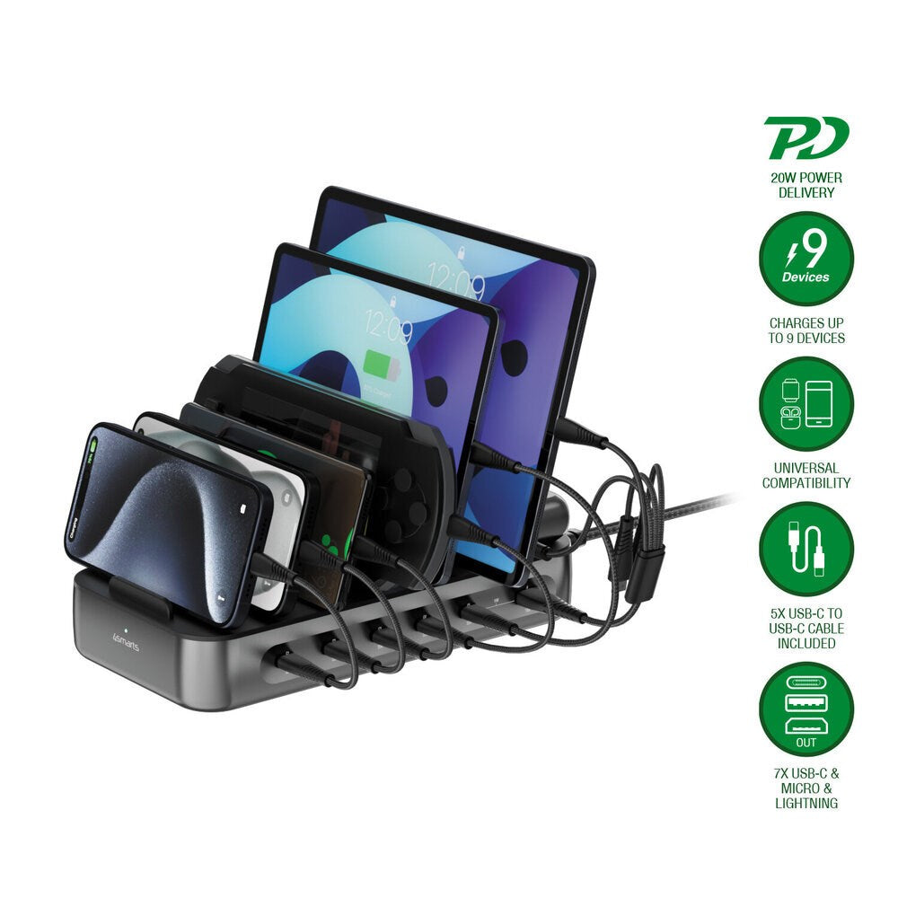 4smarts Ladestation m. 9 Opladningsmuligheder - 5x USB-C Kabel & 1x 4-i-1 Multikabel - 100W - Sort